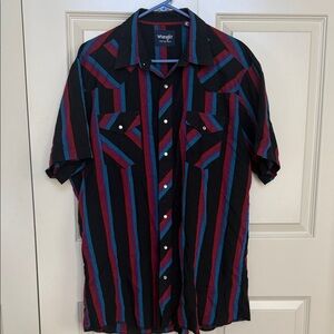 Wrangler Men's Black, Red, and Blue Striped Shirt Pearl snap